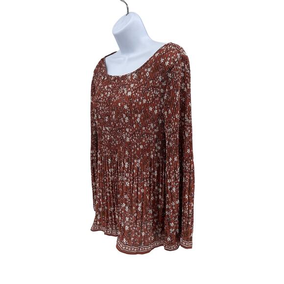 Max Studio Orange Terracotta Crepe Pleated Top Womens Large Long Sleeve Floral - Picture 3 of 7